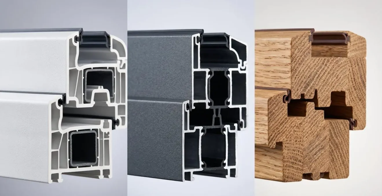 Trois échantillons de fenêtres en PVC blanc, aluminium anthracite et bois naturel côte à côte