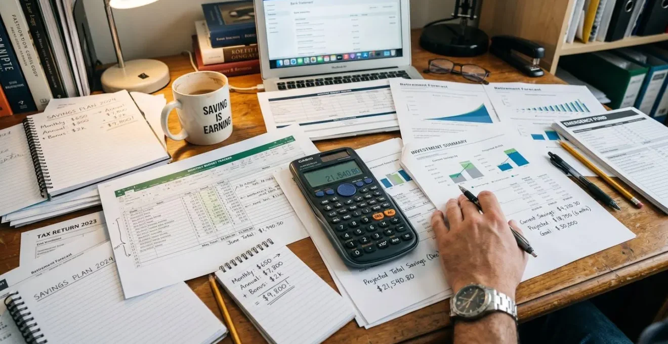 Bureau avec documents éparpillés et calculatrice montrant des calculs d'économies