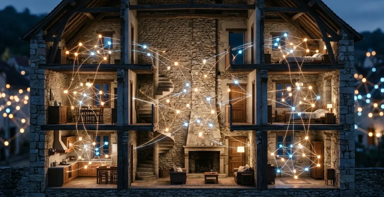 Visualisation technique d'un réseau maillé ZigBee dans une maison française avec murs épais