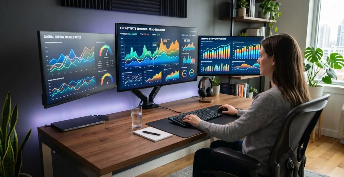 Vue grand angle d'un bureau moderne avec plusieurs écrans montrant des graphiques colorés abstraits de tarifs énergétiques