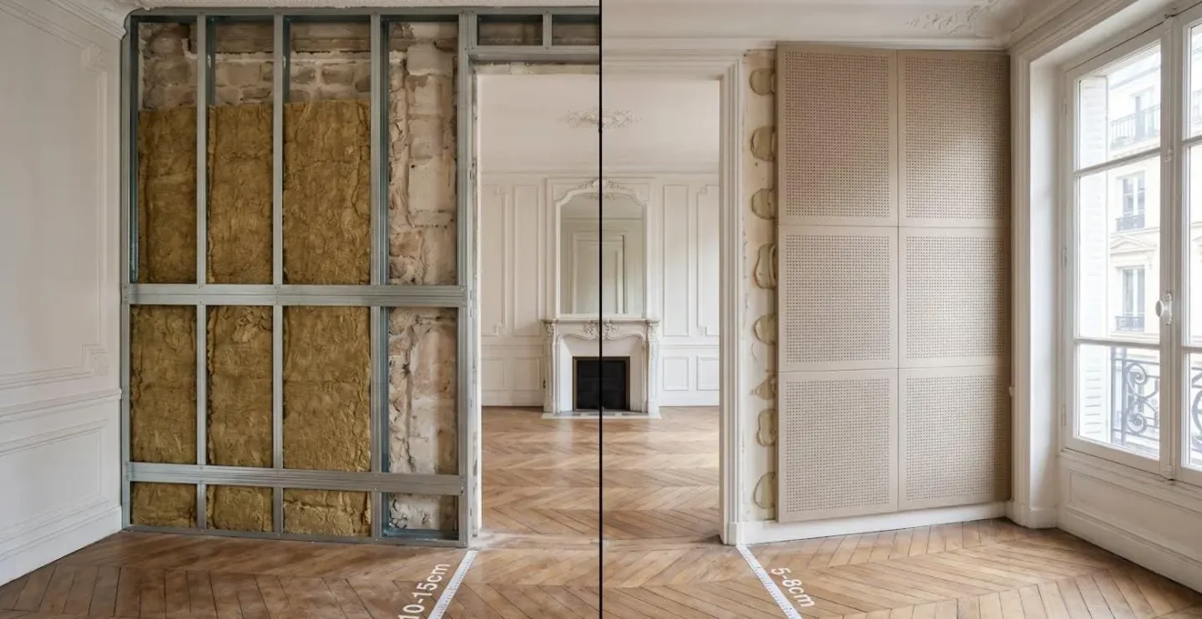 Comparaison visuelle entre une contre-cloison sur ossature et un doublage collé montrant l'épaisseur et la performance acoustique