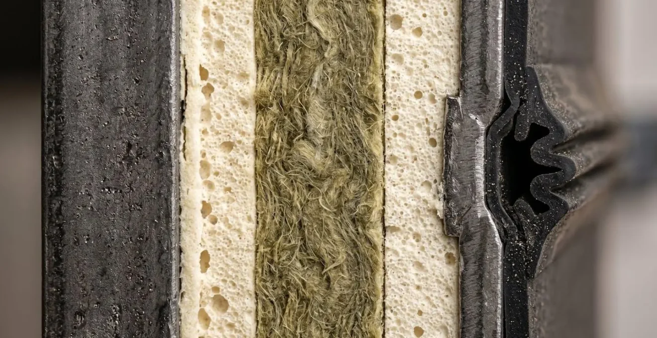 Vue en coupe d'une porte blindée montrant les différentes couches d'isolation thermique et acoustique