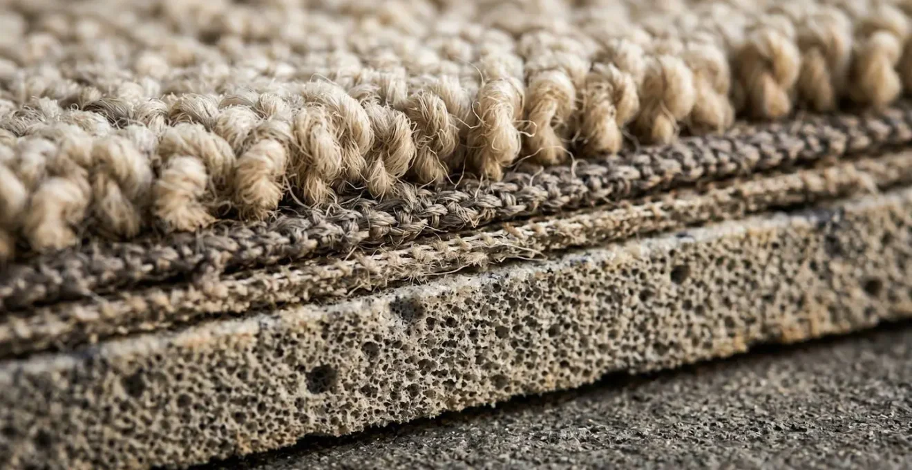 Vue en coupe d'une moquette avec sous-couche montrant les différentes strates d'isolation