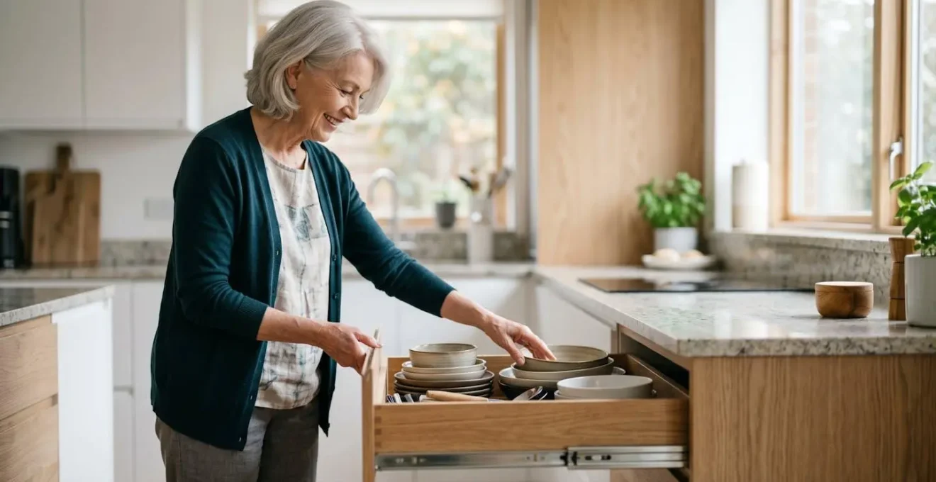 Personne âgée accédant facilement à un tiroir coulissant ergonomique dans une cuisine adaptée