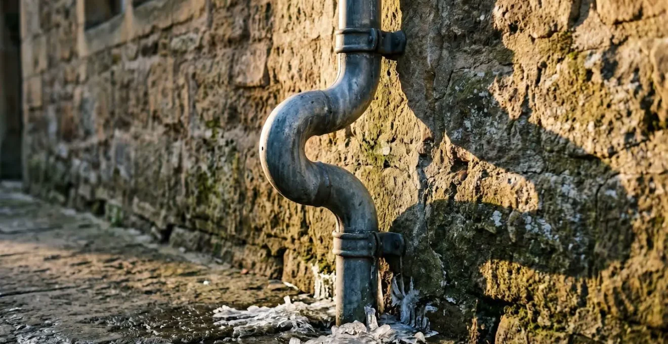 Système de lyre de dilatation sur une descente d'eau en zinc contre un mur de chalet