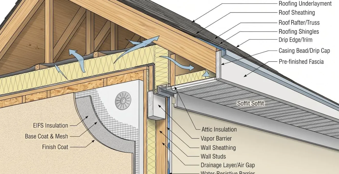 Vue en coupe d'un débord de toiture avec système d'isolation extérieure correctement installé