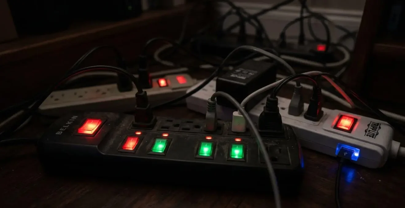 Gros plan sur multiprises avec voyants lumineux dans l'obscurité