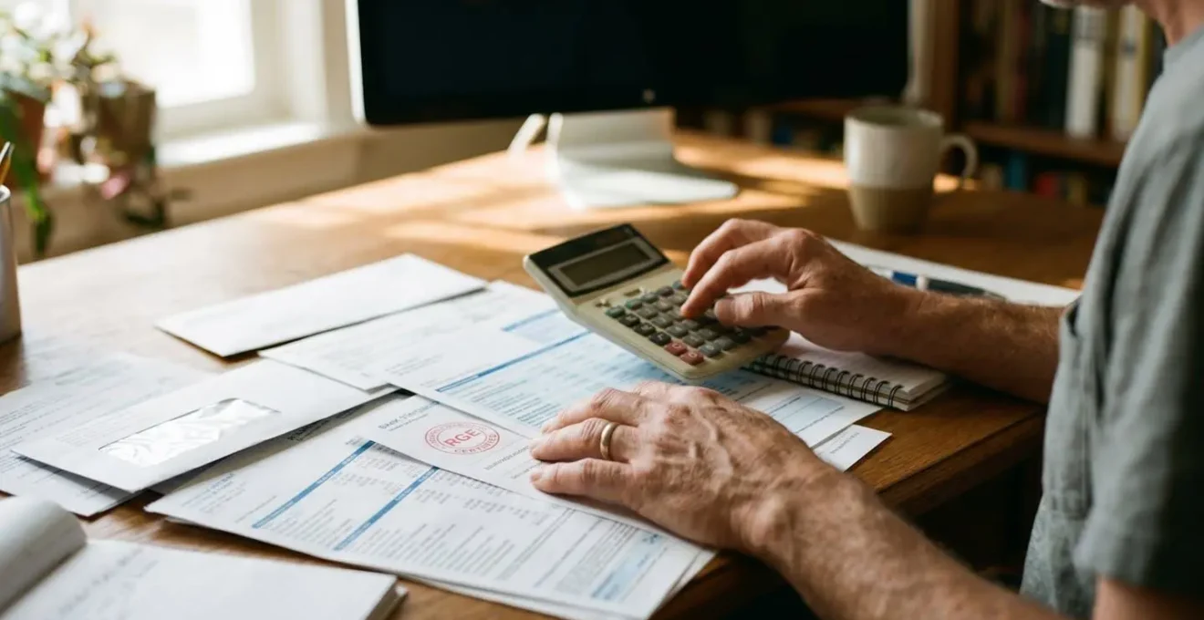 Main tenant une calculatrice devant des documents administratifs flous avec tampon RGE visible