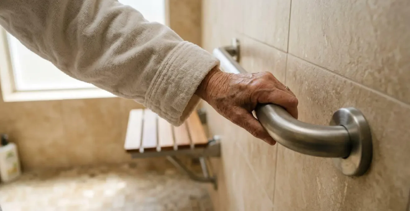 Douche italienne spacieuse avec barres d'appui et siège rabattable pour l'accessibilité des seniors