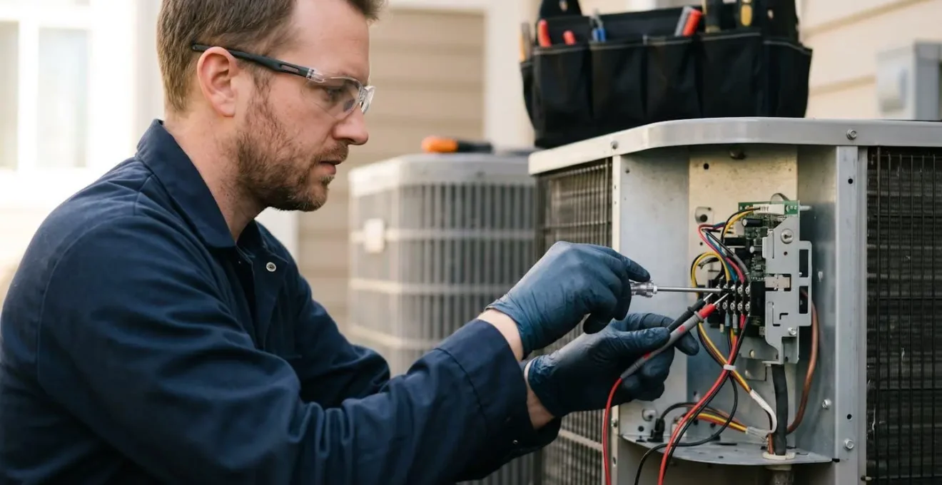 Technicien effectuant l'entretien d'une pompe à chaleur avec outils professionnels