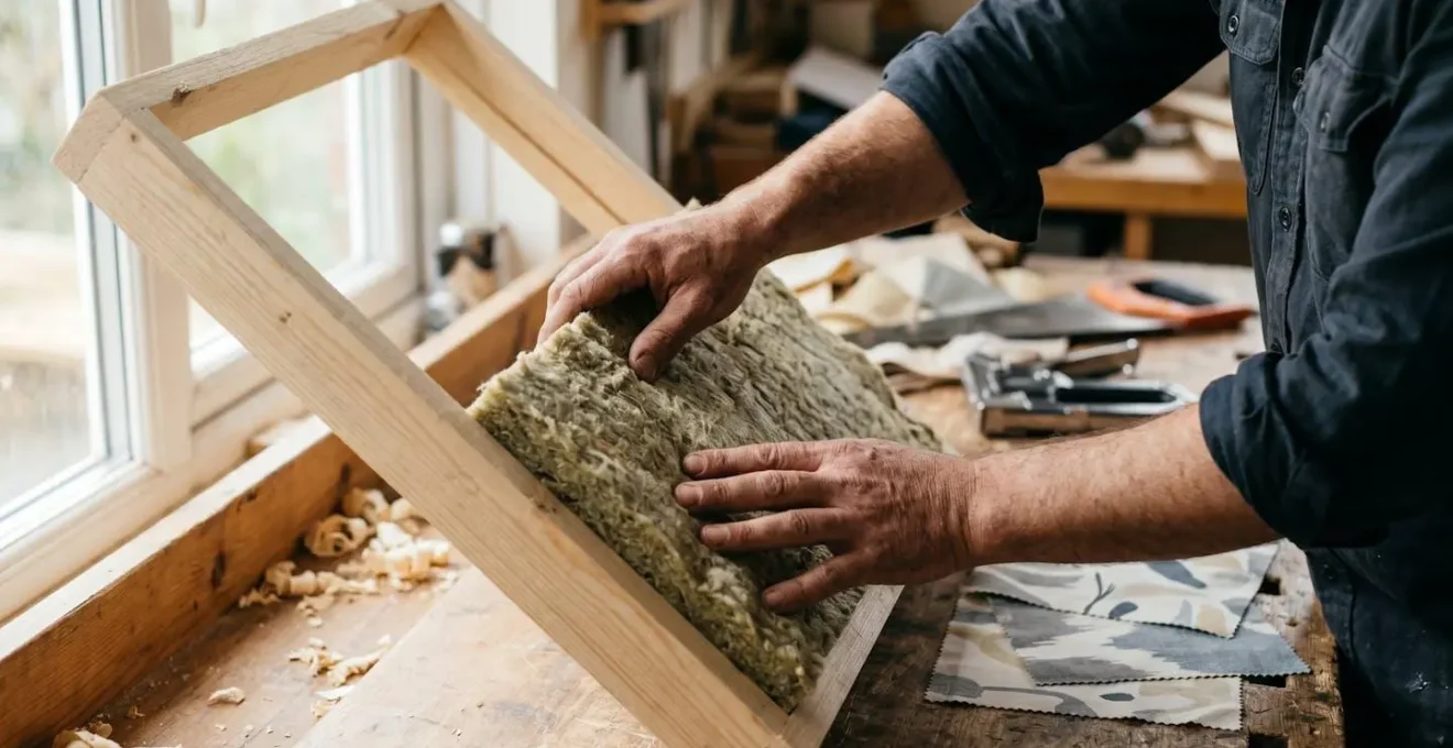 Atelier de bricolage domestique montrant la construction d'un panneau acoustique avec cadre en bois et laine de roche