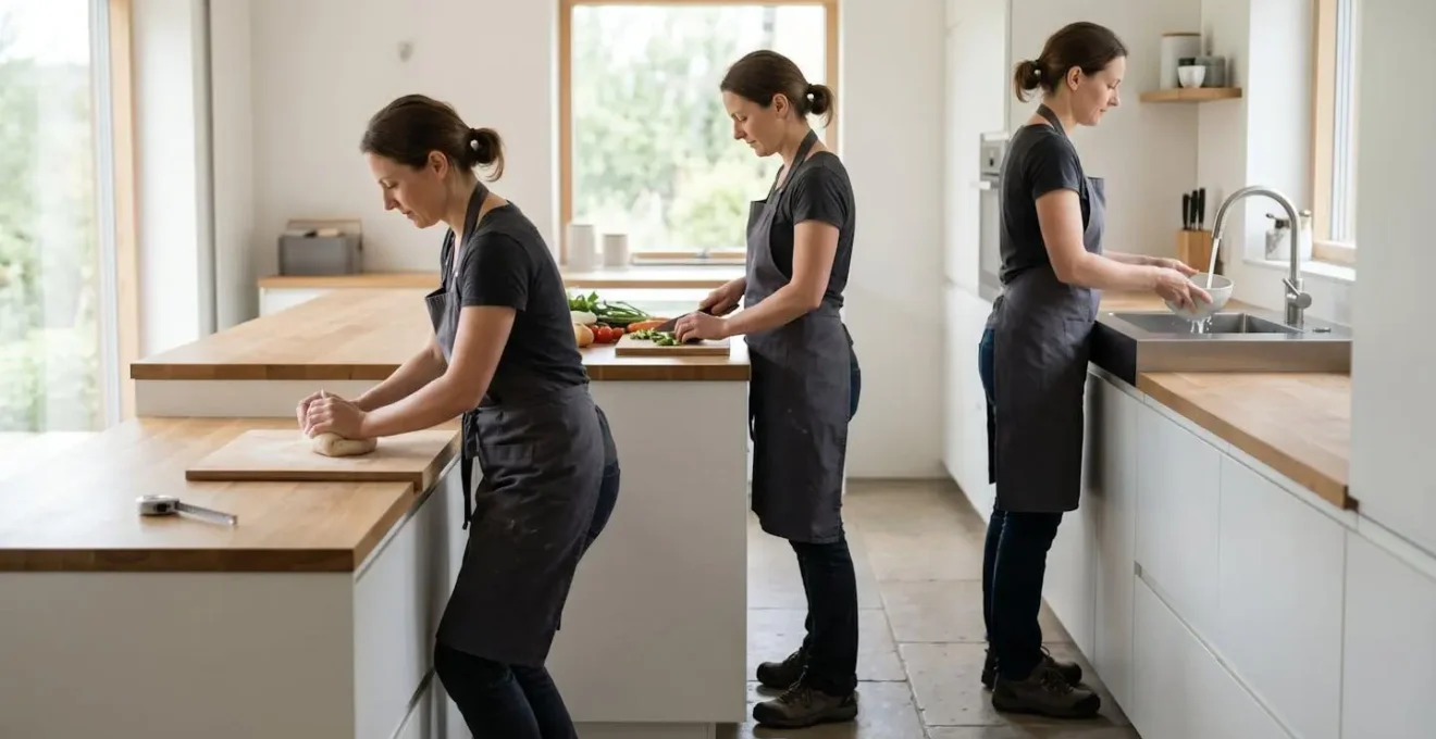 Vue latérale d'une personne en cuisine montrant trois zones de travail à hauteurs différentes