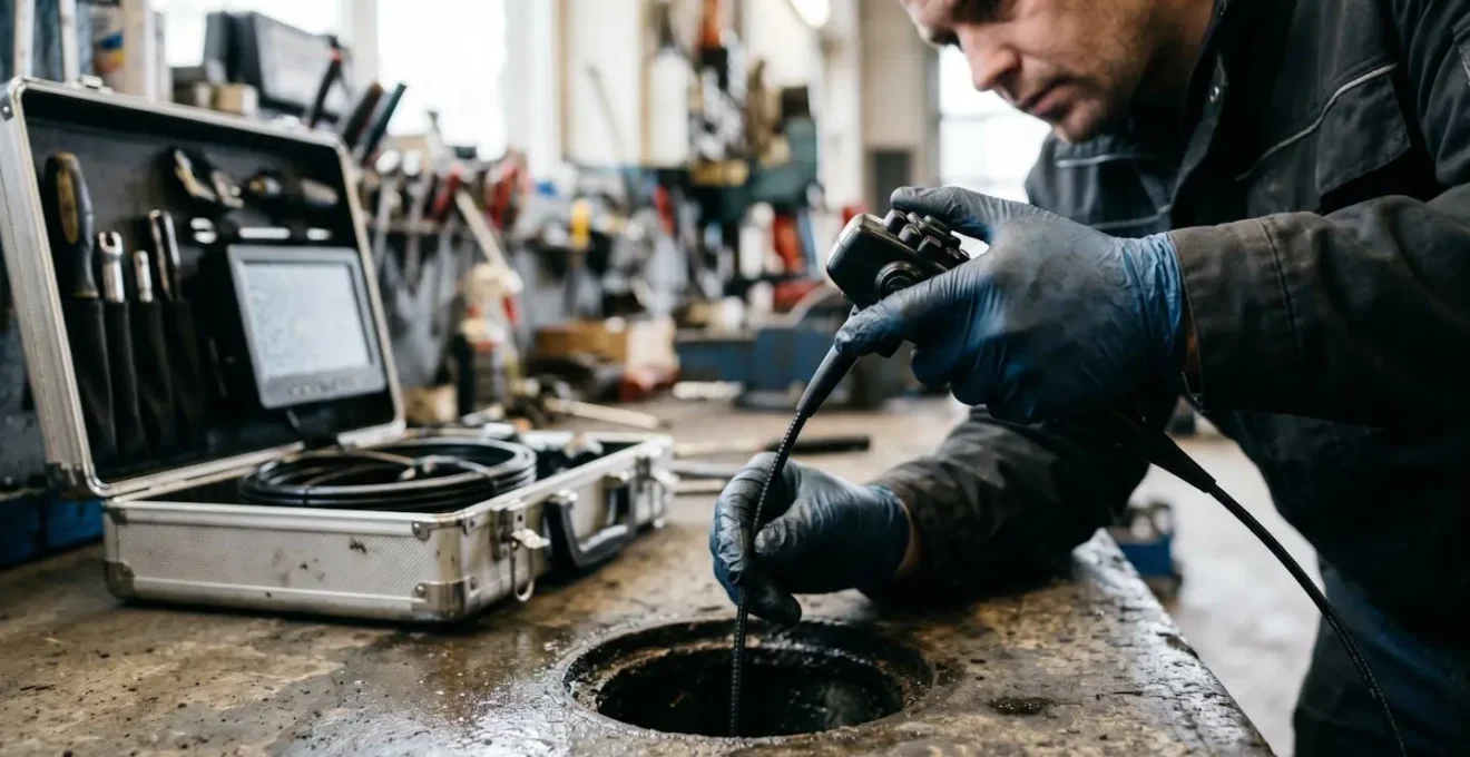 Technicien utilisant une caméra d'inspection endoscopique pour diagnostiquer l'intérieur d'une canalisation