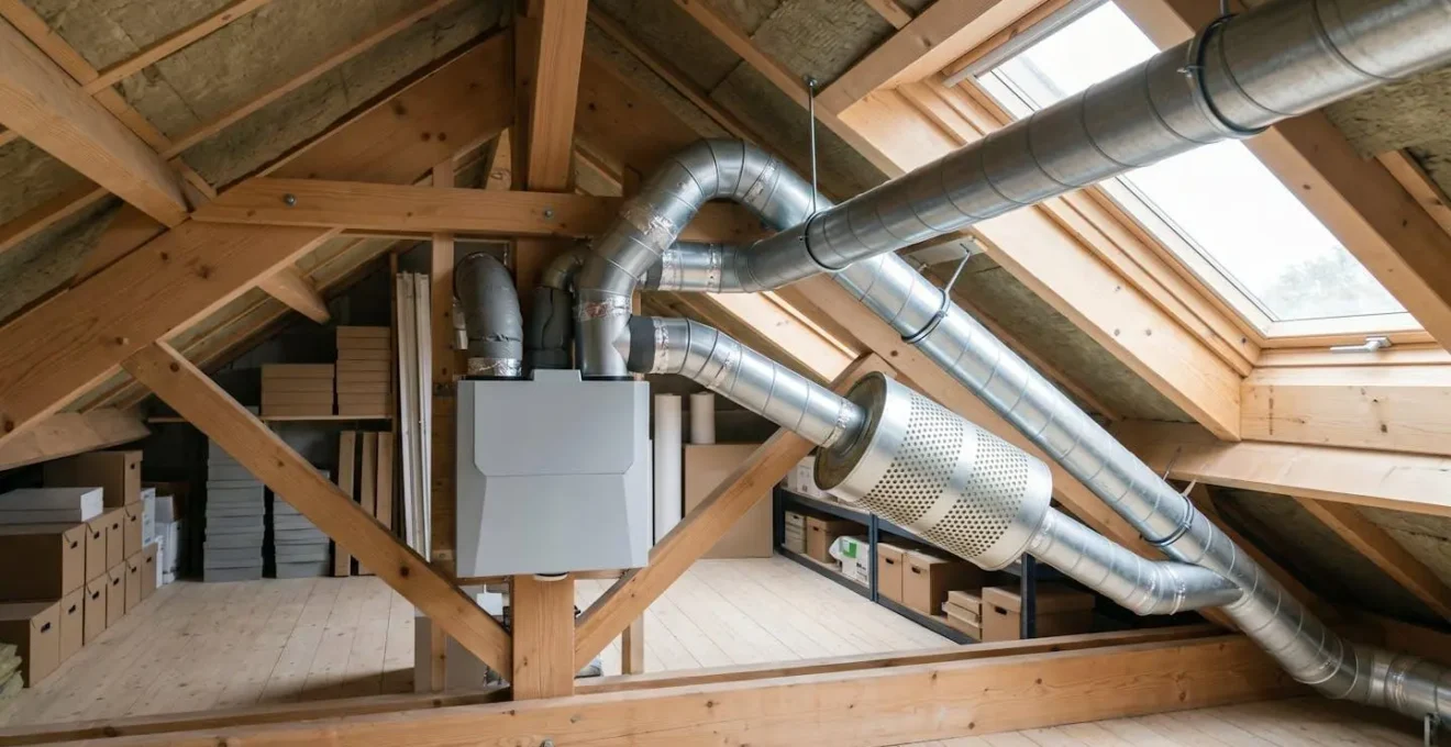 Vue technique d'un piège à son installé sur une VMC dans des combles aménagés