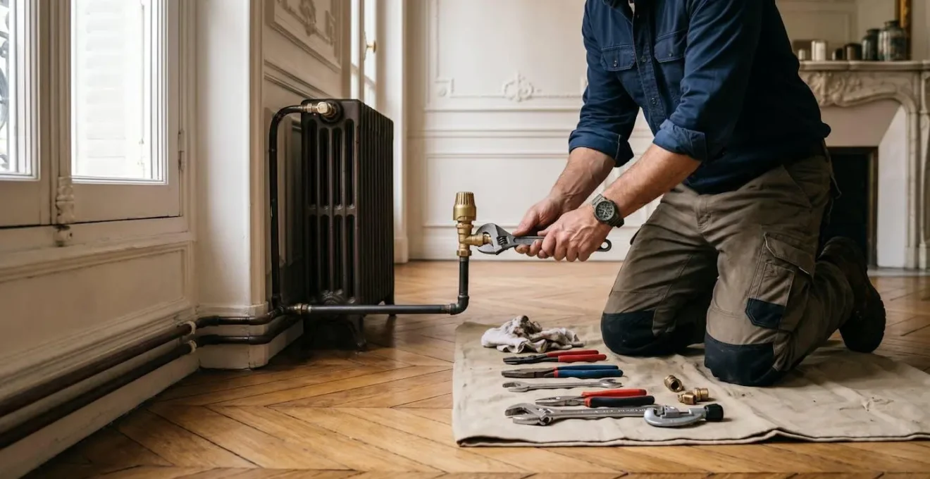 Plombier installant une tête thermostatique sur un radiateur en fonte dans un appartement ancien français