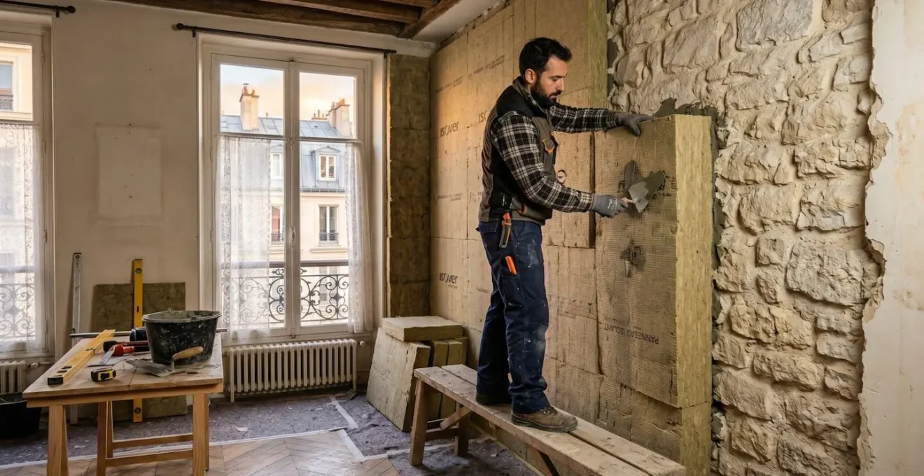 Artisan posant des panneaux d'isolation thermique par l'intérieur sur un mur d'appartement parisien