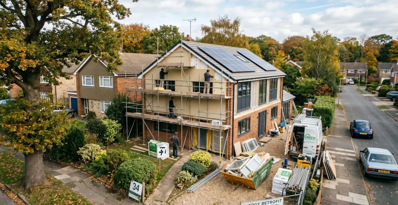Vue large d'une maison des années 1970 en cours de rénovation énergétique dans son environnement