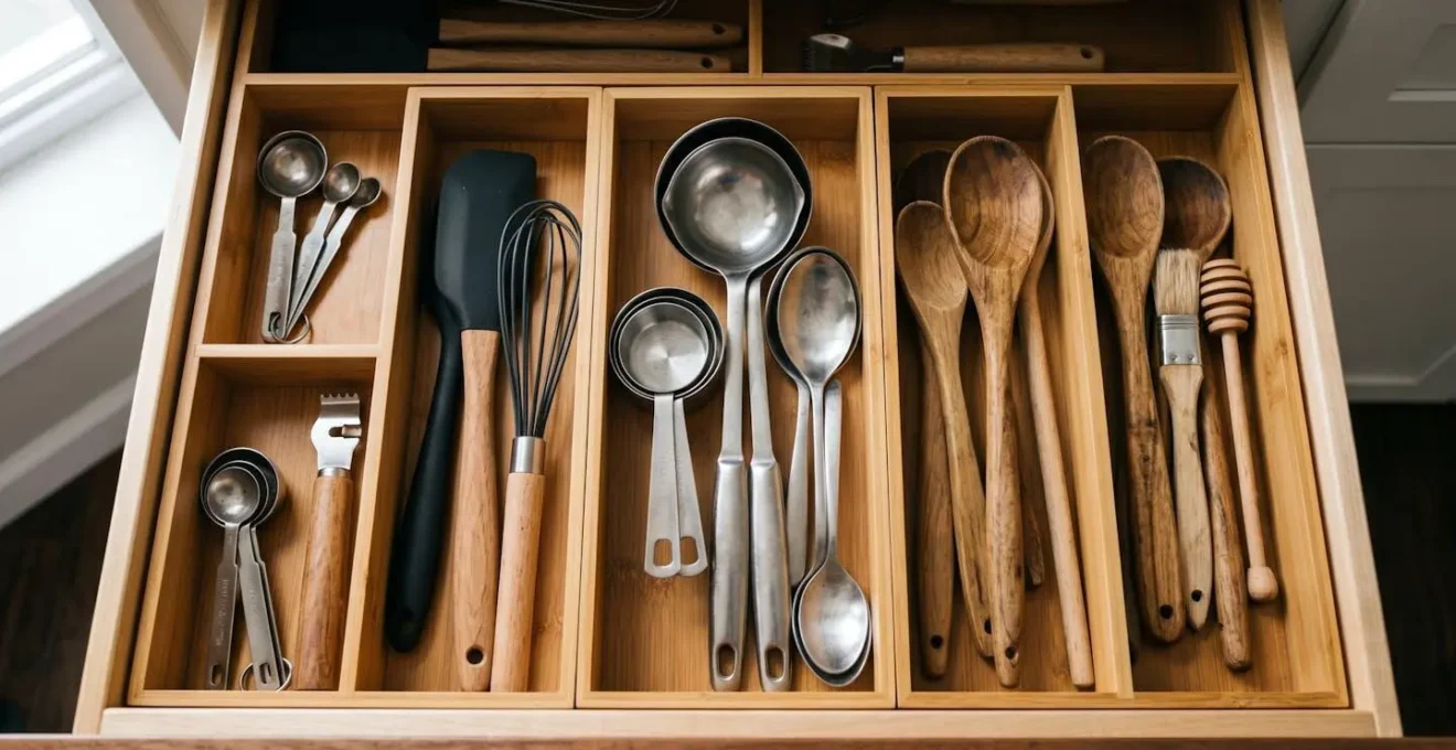 Vue plongeante sur un tiroir de cuisine organisé en zones distinctes avec séparateurs modulables