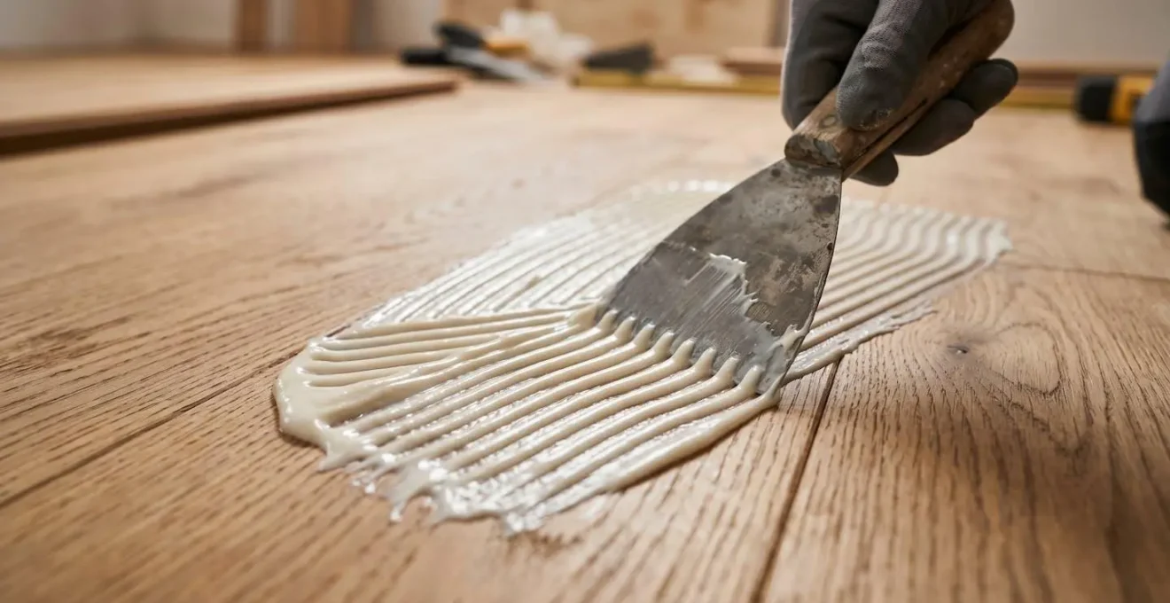 Application professionnelle de colle polymère MS sur parquet massif large dans un intérieur français