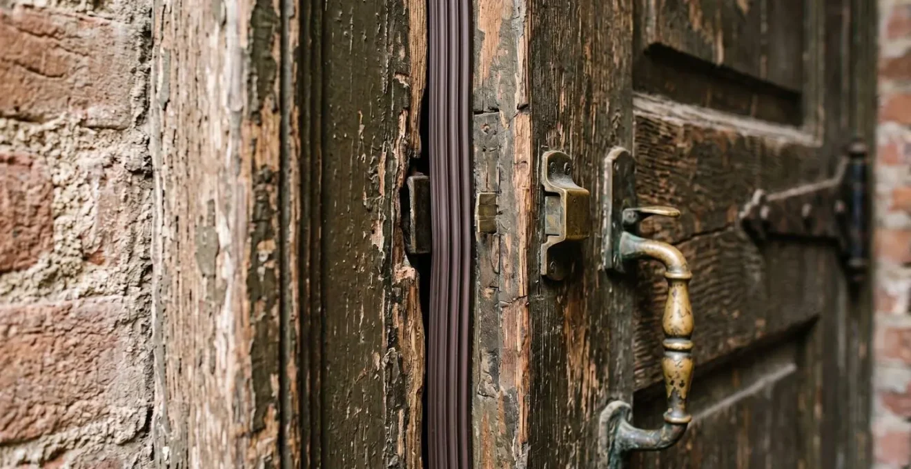 Gros plan sur une porte d'entrée ancienne avec installation de joints d'isolation