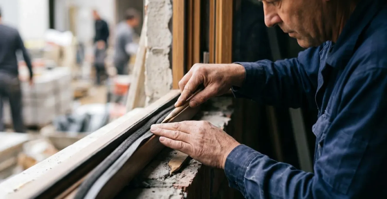 Vue détaillée de l'installation d'un joint compribande autour du cadre d'une fenêtre en cours de pose