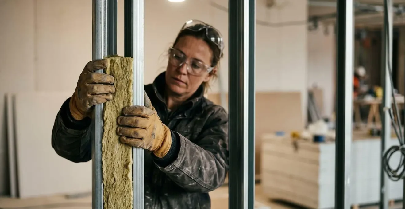 Vue détaillée d'un professionnel installant de la laine de roche dans une ossature métallique avec bande résiliente visible