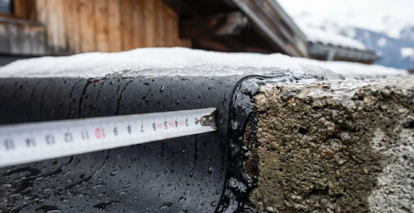Coupe technique montrant un relevé d'étanchéité d'acrotère avec mesure de hauteur de 15 cm au-dessus du niveau fini