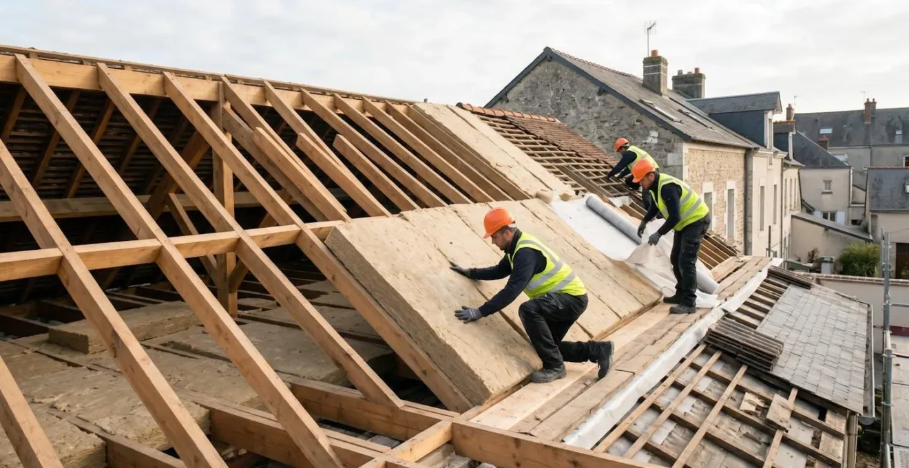 Vue d'ensemble d'un chantier de rénovation de toiture avec pose d'isolation