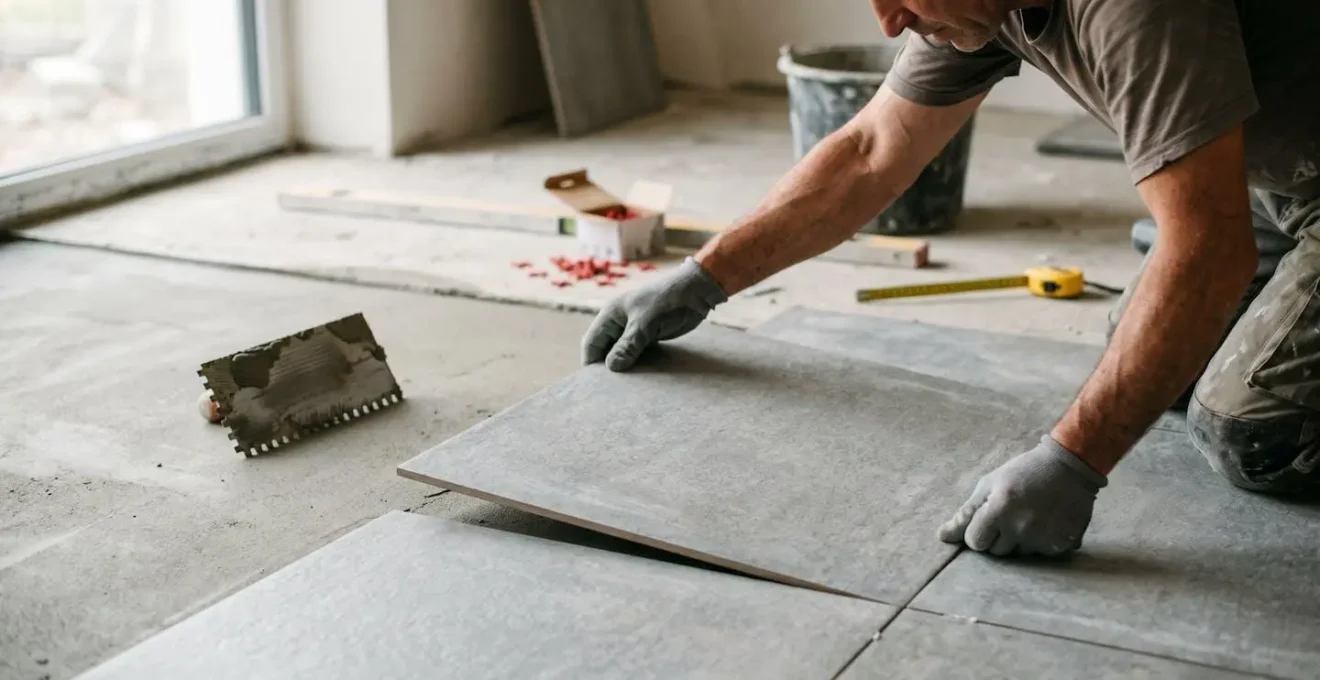 Vue de dessus d'un carrelage grand format en cours de pose sur chape sèche