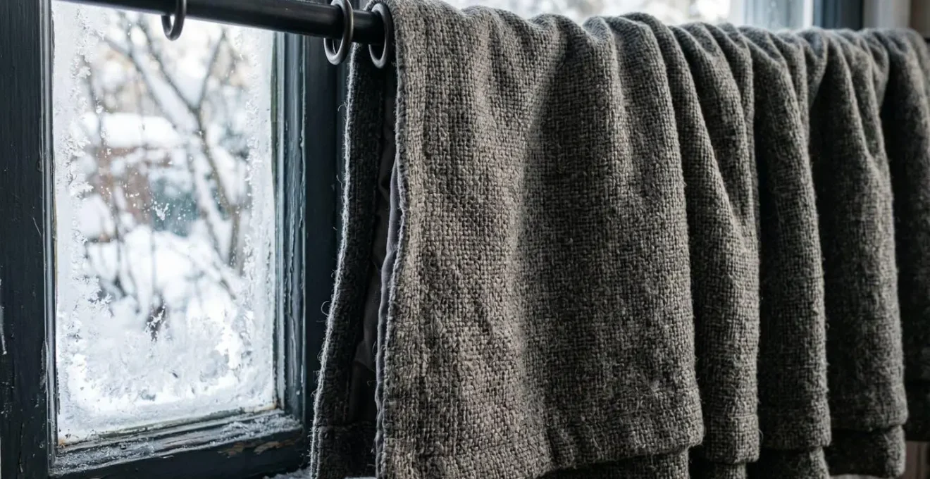 Gros plan sur un rideau thermique épais installé devant une fenêtre avec effet de texture isolante