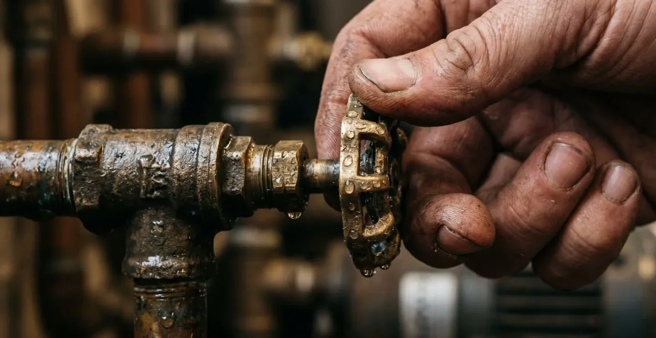 Gros plan sur une main tournant un robinet d'arrêt général d'eau avec gouttes d'eau visibles
