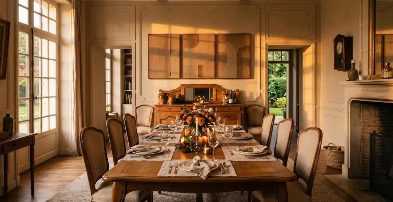 Salle à manger française avec panneaux acoustiques décoratifs intégrés harmonieusement au-dessus du buffet