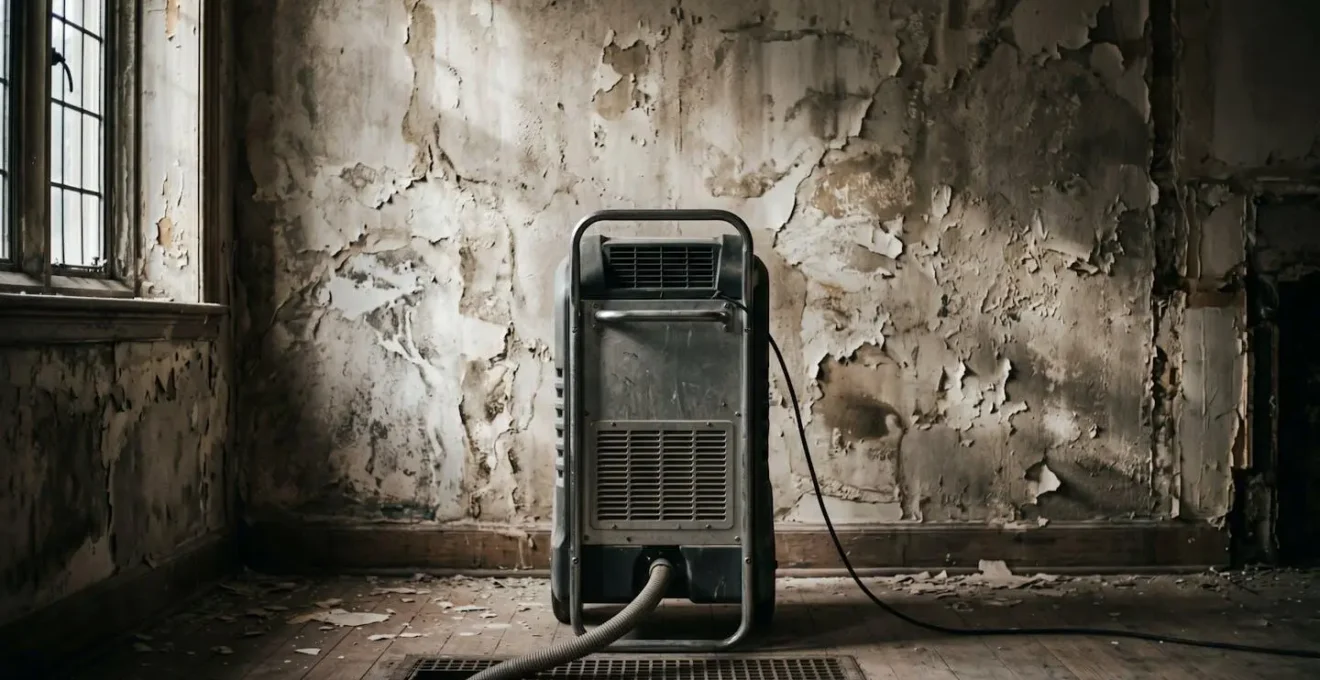 Déshumidificateur professionnel installé dans une pièce avec mur en plâtre présentant des traces d'humidité