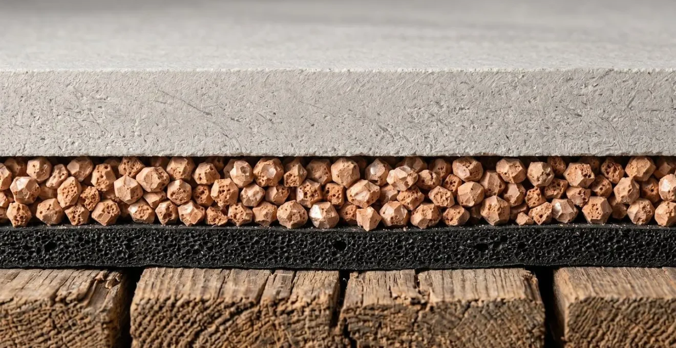 Coupe technique montrant les différentes couches d'isolation phonique d'un plancher avec chape sèche