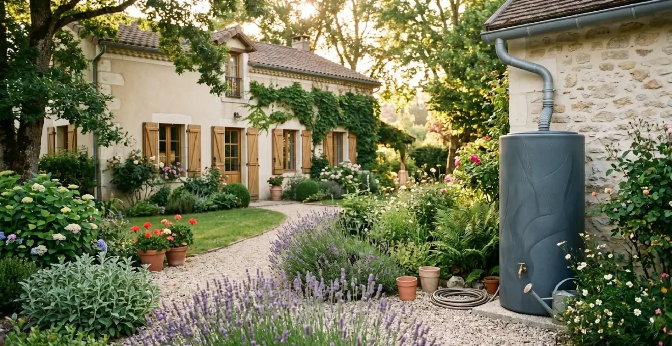 Installation de récupération d'eau de pluie dans un jardin français