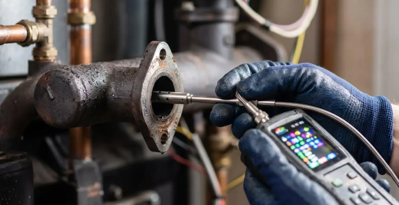 Technicien RGE effectuant une analyse de combustion sur une chaudière