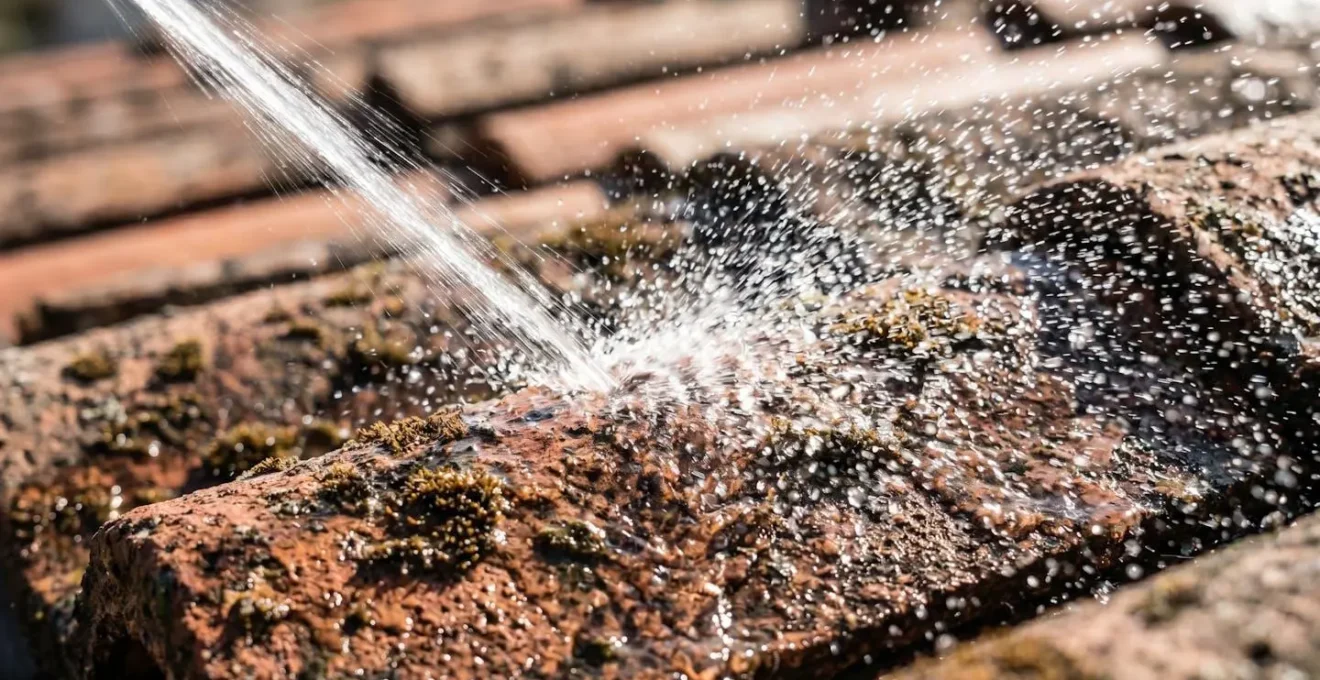 Technique de nettoyage de toiture montrant l'angle correct du jet d'eau sur les tuiles