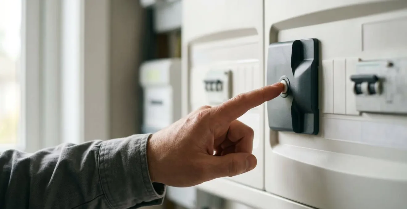 Main appuyant sur le bouton test d'un interrupteur différentiel dans un tableau électrique