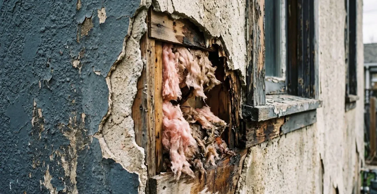 Vue macro d'une façade de maison révélant les textures et défauts d'isolation