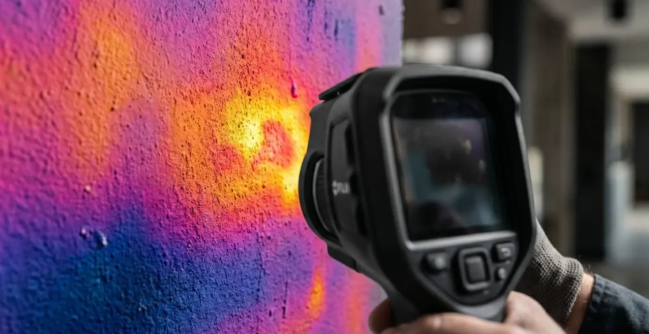 Image thermographique montrant les variations de température révélant une fuite d'eau cachée dans un mur