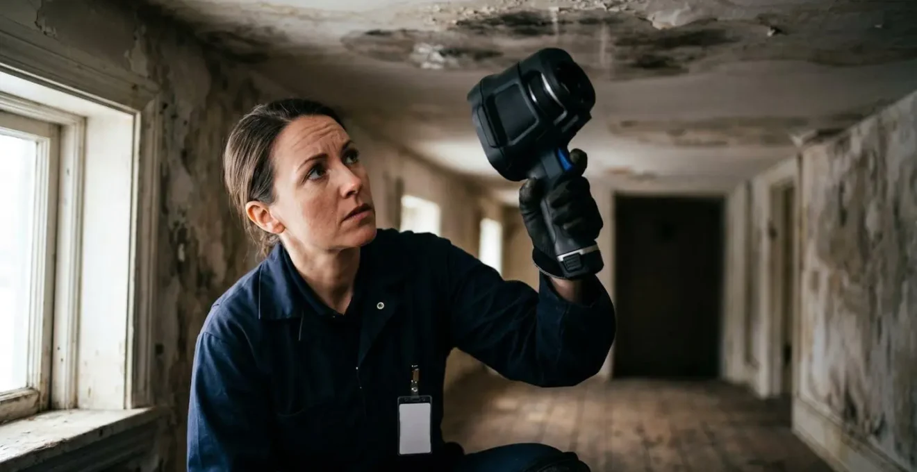 Technicien utilisant une caméra thermographique pour inspecter un plafond montrant des zones colorées de différentes températures