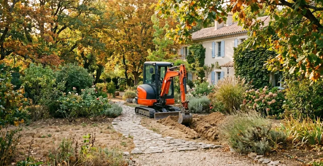 Jardin français en automne avec mini-pelle travaillant délicatement près des plantations